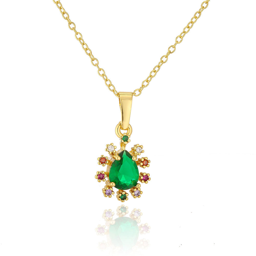 Geometric Evil Eye Pendant Necklace for Women in Copper with 18K Gold Plating and Green Zircon, Vintage INS Style