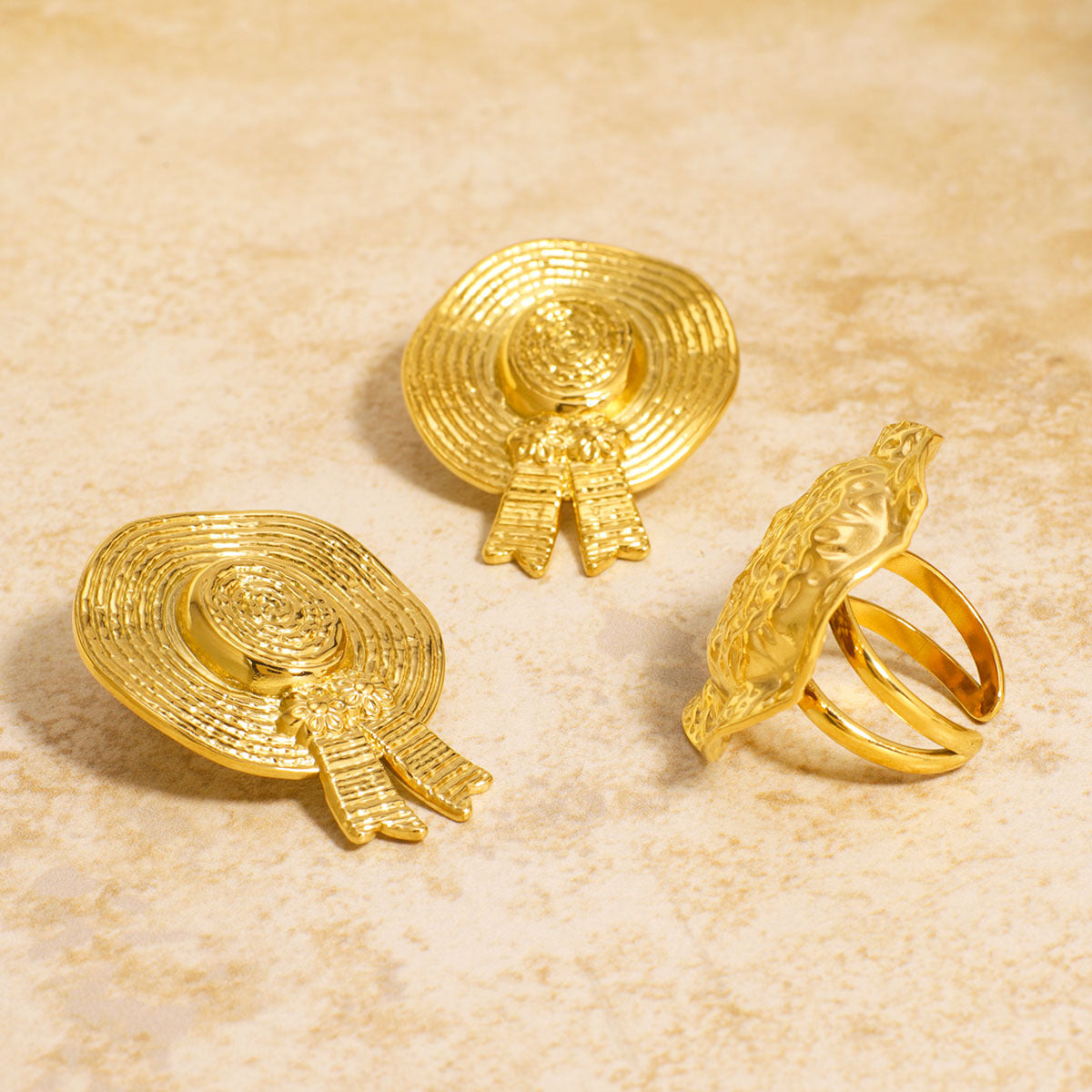 Geometric Textured Open Ring for Women in Stainless Steel with 18K Gold Plating, Matching Earrings Set