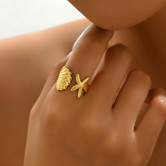 Fashionable Minimalist Starfish and Seashell Shaped Adjustable Open Ring for Women in Plated Copper