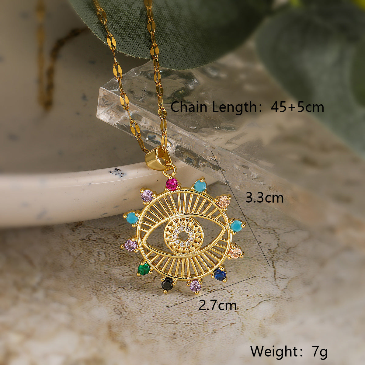 Minimalist Geometric Evil Eye Pendant Necklace for Women with Copper Base and Real Gold Plating Featuring Zircon Accents and Hollow-Out Detail