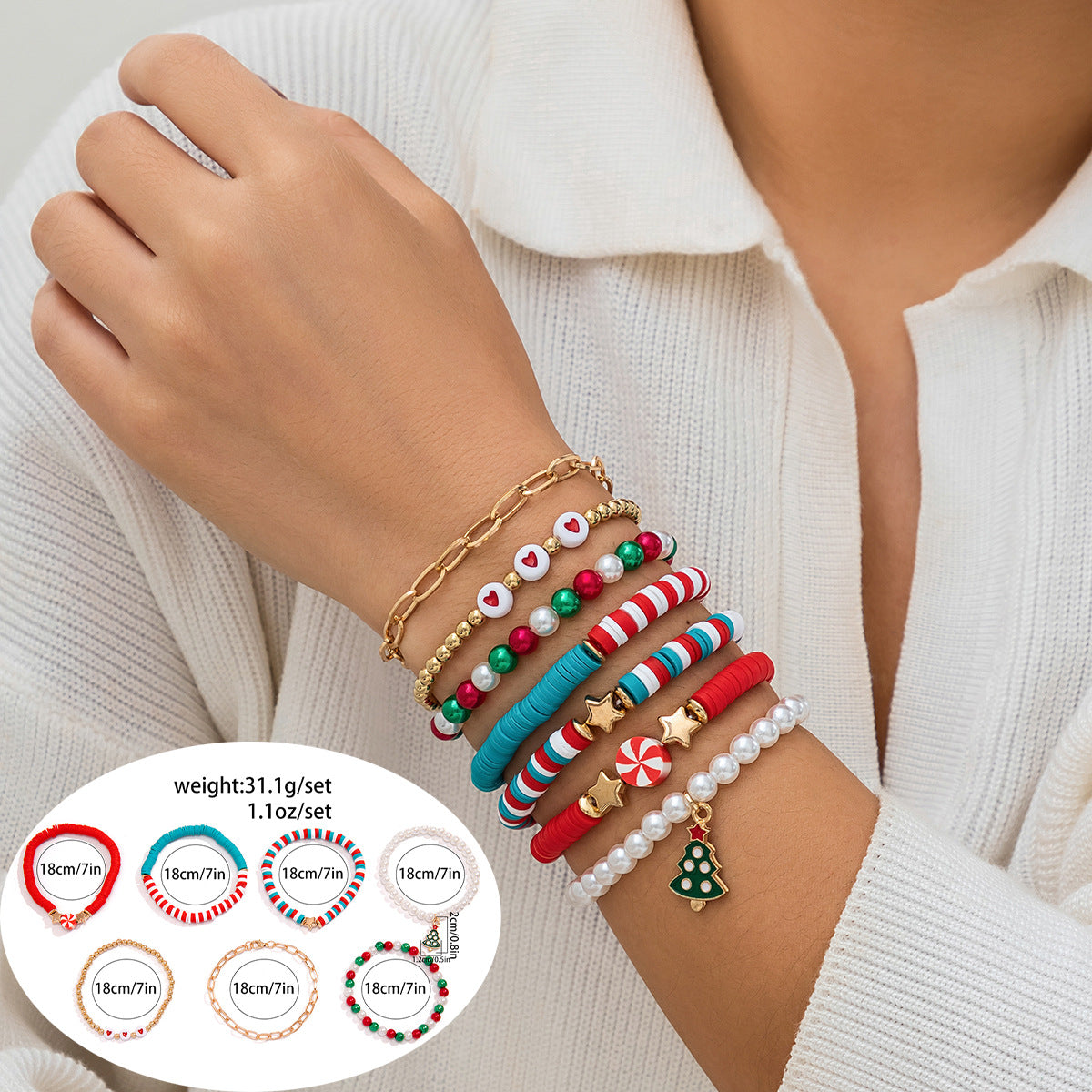 Set de pulseras de resina con forma de letra con motivos navideños de renos y campanas para mujer