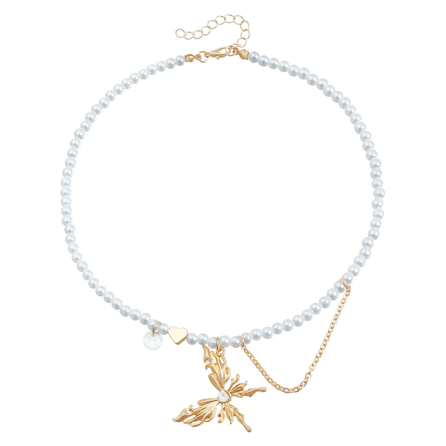 Fashion Butterfly Wing Heart-Shaped Zircon-Inlaid Alloy Pendant Necklace with Pearl Tassels for Women