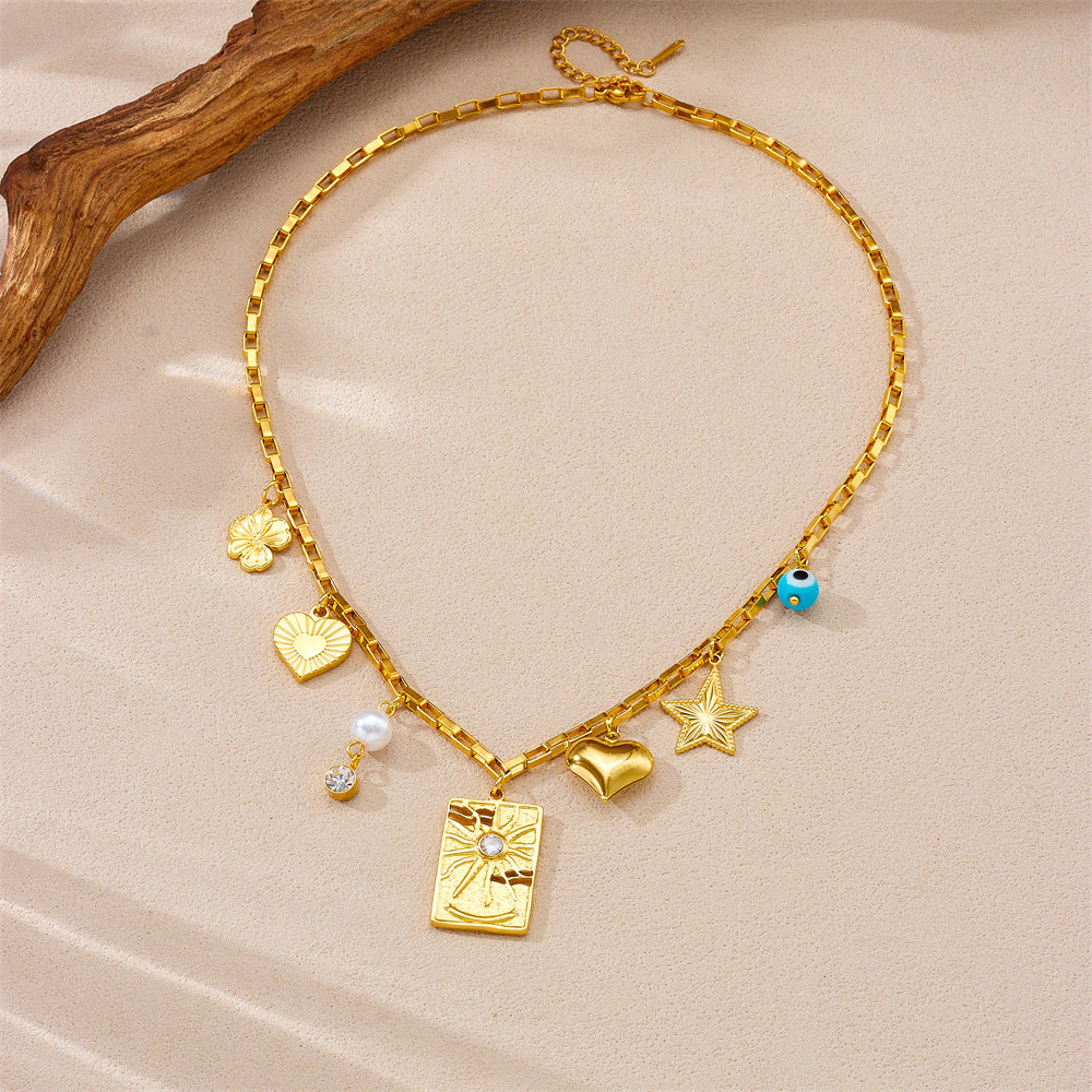 Collana con ciondolo a cuore, stella e occhio geometrico personalizzato, placcato oro su catena a maglie in acciaio inossidabile da donna