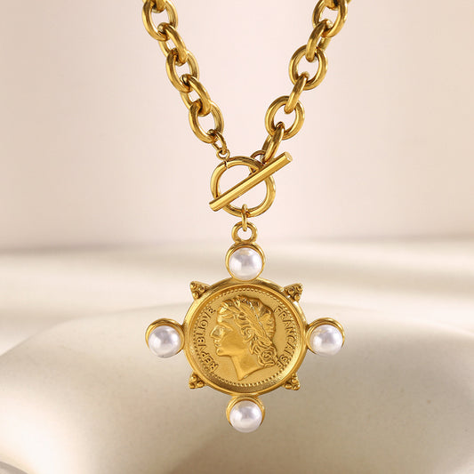 Minimalist Geometric Stainless Steel Pendant Necklace with 18K Gold Plating and Large O-Shape Chain for Women