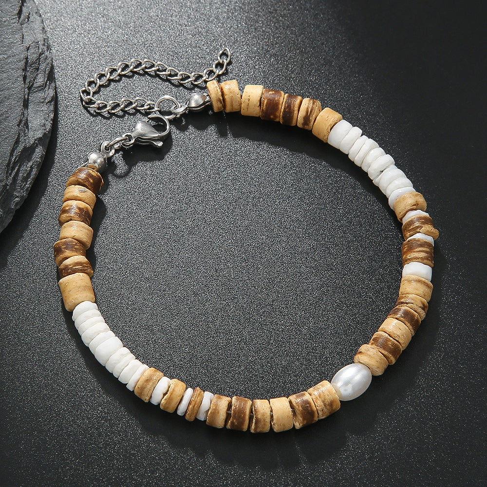 Retro Hip Hop Unisex Beaded Necklace with Coconut Shell Wood Chips Pearl Abalone Stainless Steel Pendant on O-Chain