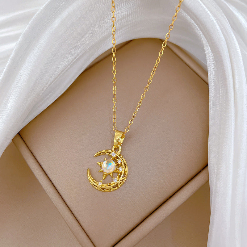 Sweet Elegant Moon Star Geometric Rhinestone Titanium Steel Necklace Unisex Cable Chain