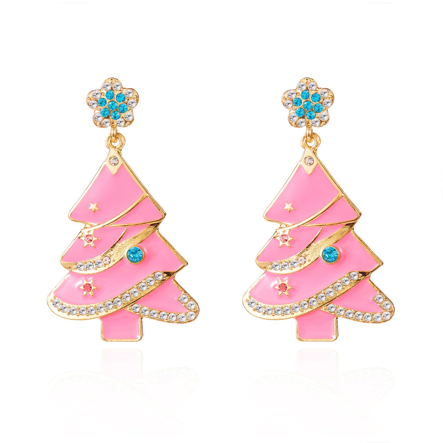 Pendientes de aro con colgante de árbol de Navidad, estilo dulce navideño, adornados con diamantes de imitación, diseño irregular y acabado de aleación chapada