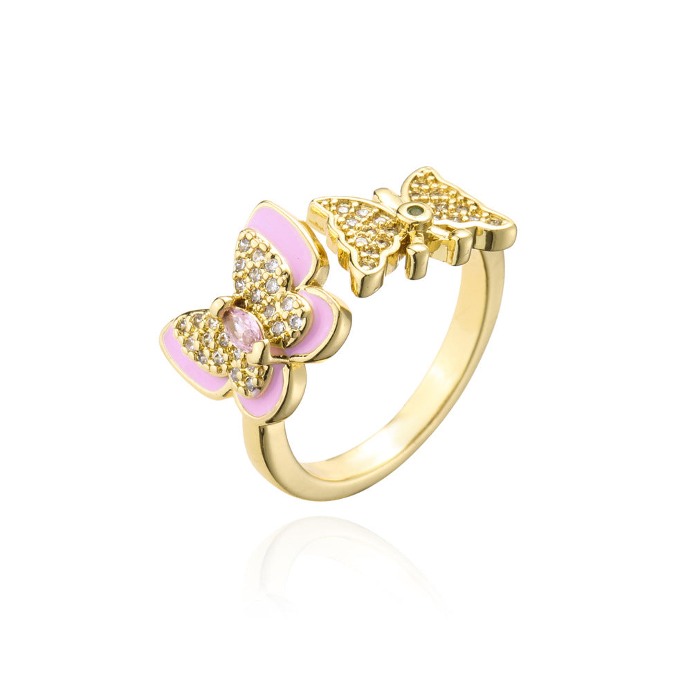 Anello a farfalla aperto stile naturale in rame placcato oro 18K con zirconi micro-incastonati