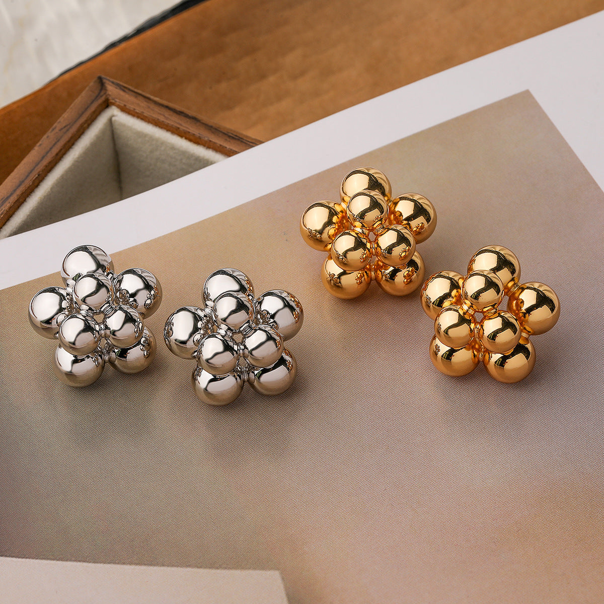 Minimalist Floral Geometric Copper Earrings with Gold Plating for Women