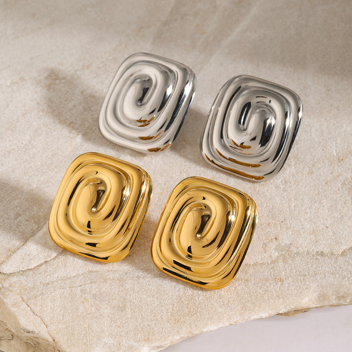 Orecchini a spirale rettangolari geometrici in acciaio inossidabile placcato oro 18K di tendenza per donna