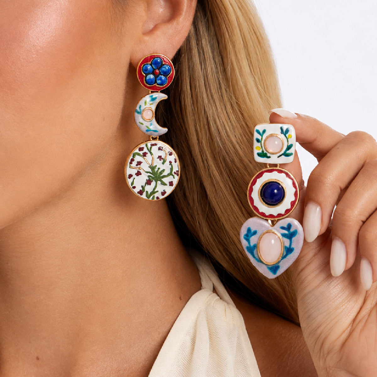 Sweet Floral Drip Oil Plated Zinc Alloy Heart Moon Geometric Earrings for Women