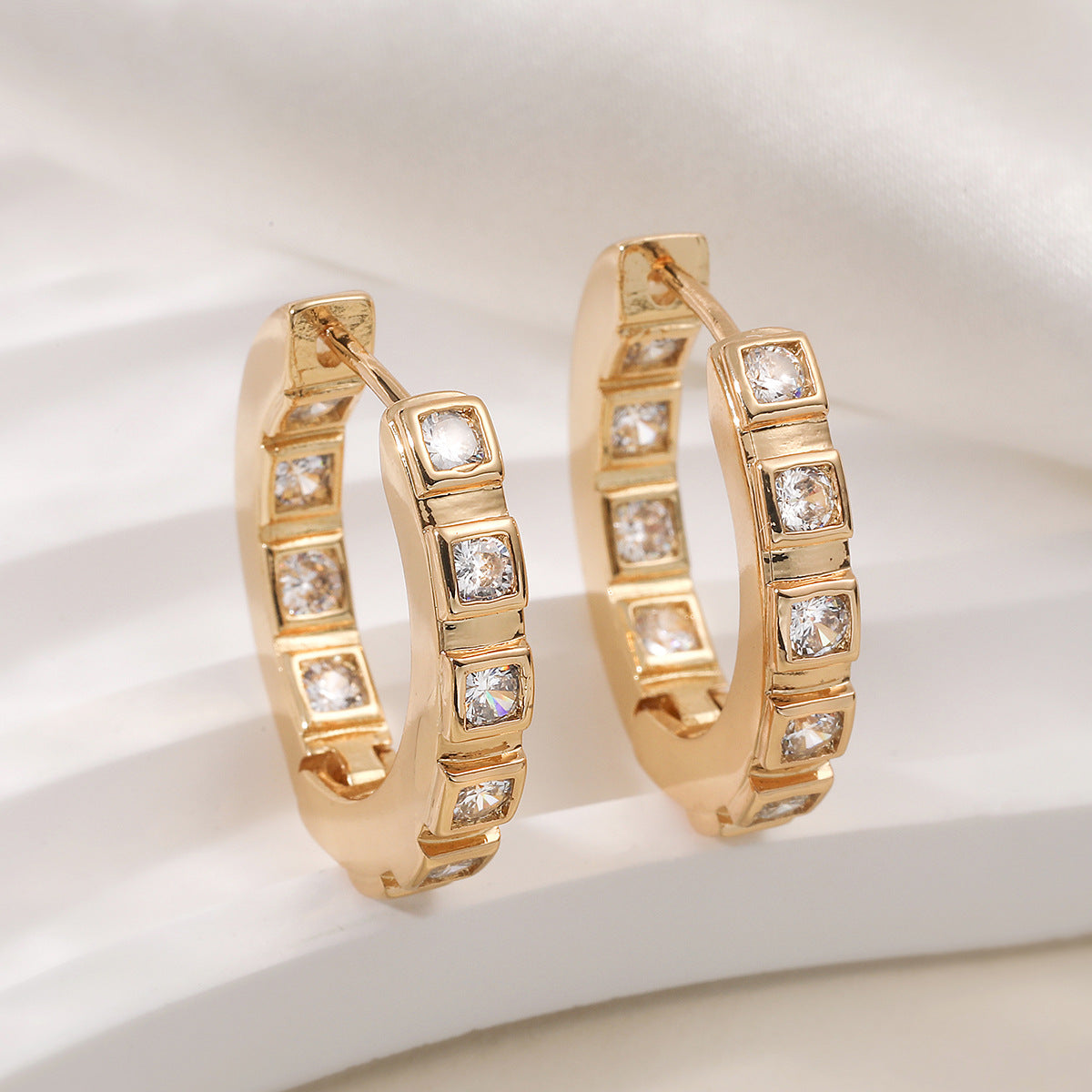 Minimalist Geometric Brass Gold Plated Cubic Zirconia Hoop Earrings for Women