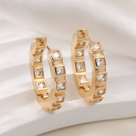 Minimalist Geometric Brass Gold Plated Cubic Zirconia Hoop Earrings for Women