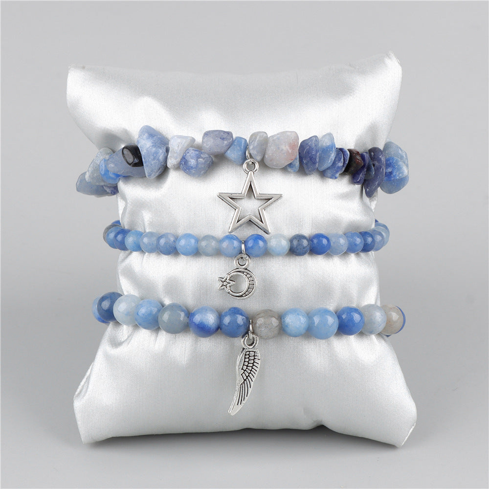 Vintage Amethyst Crystal Chip Beads Bracelet with Star Moon Pendant Geometric Irregular Stone Elastic Multi-Layer Bracelet for Women