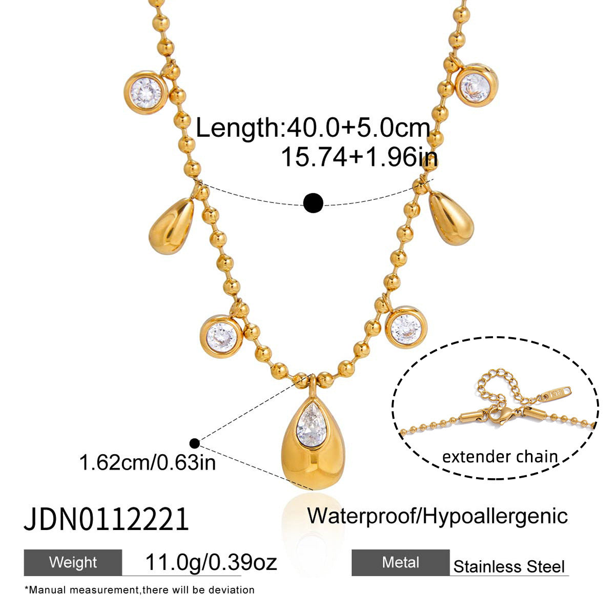 Geometric Teardrop Stainless Steel PVD Cubic Zirconia Necklace for Women