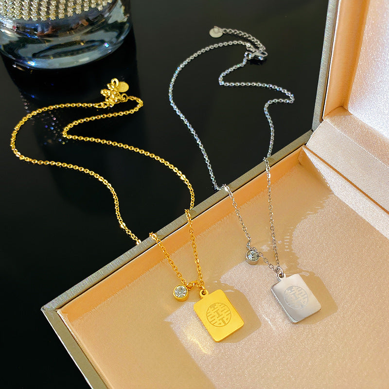 Vintage Micro-Inlaid Cubic Zirconia Square Geometric Titanium Steel Fu Character Pendant Necklace for Unisex