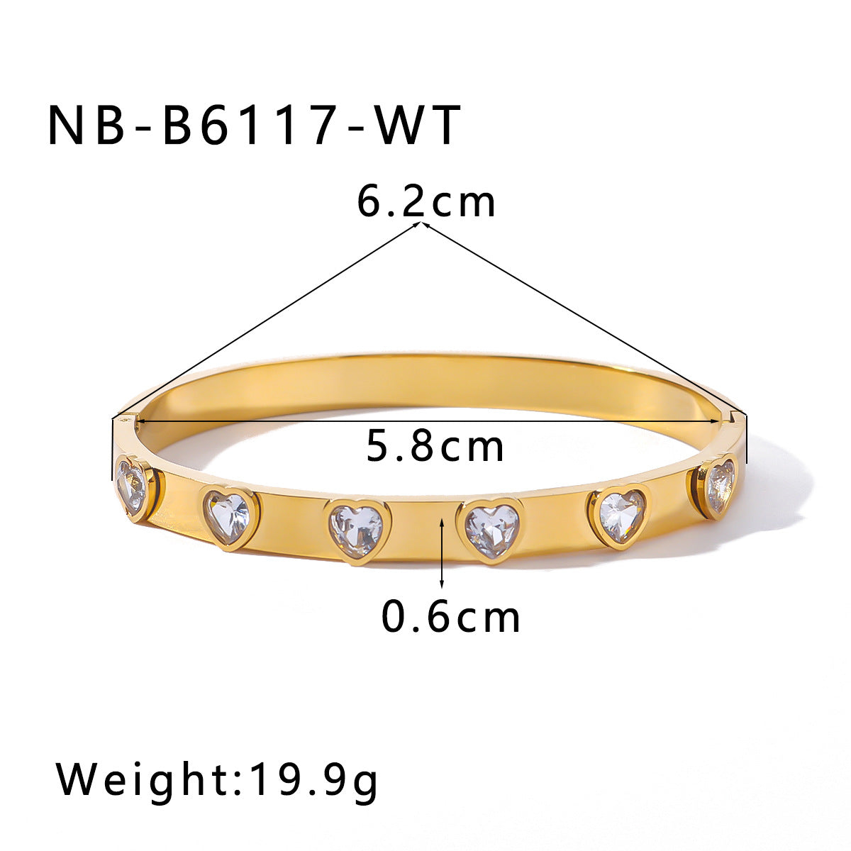 Bracciale da donna in acciaio inossidabile placcato oro 18 carati a forma di cuore stile vintage con zirconi cubici