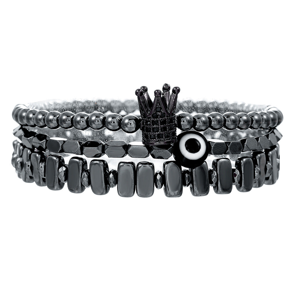 Set di bracciali a strati Punk Dark con ossidiana nera, occhio di Allah e ciondoli a forma di corona in zircone, unisex