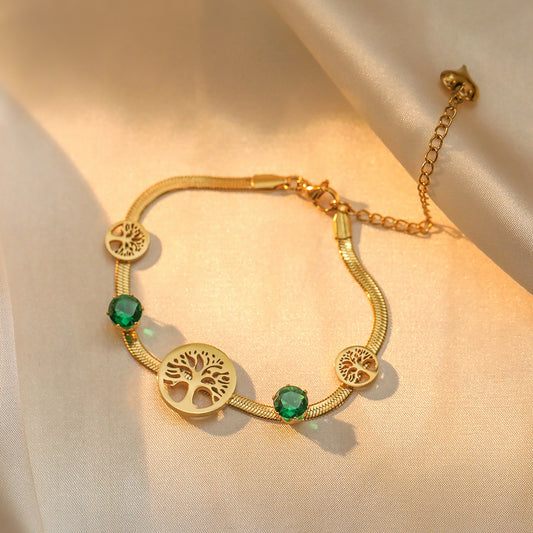 Bracciale Albero della Vita Geometrico alla Moda da Donna in Acciaio al Titanio con Placcatura in Oro e Intarsio di Zirconi