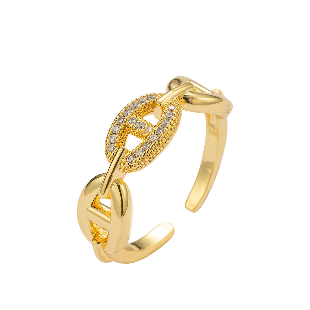 Luxury Geometric Pig Nose Full Rhinestone Adjustable Finger Ring for Women with Gold Plated Copper Band
