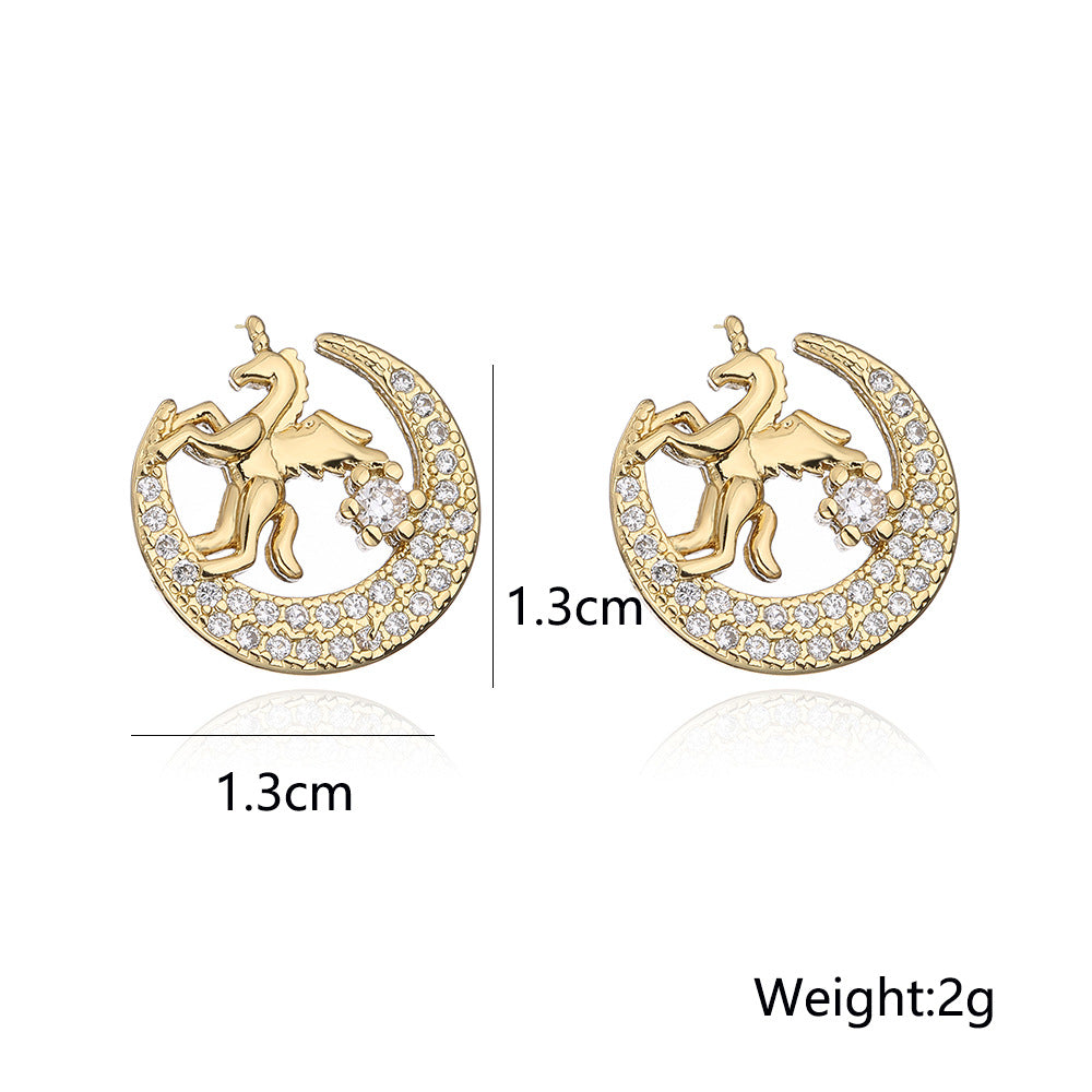 Minimalist Moon Unicorn Earrings for Women with Copper Base and 18K Gold Plating, Micro-Paved Zirconia Accents