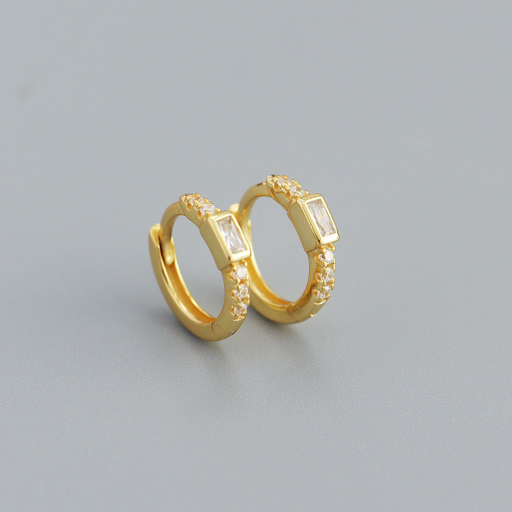 Minimalist Geometric S925 Sterling Silver Hoop Earrings with Rhinestone Inlay for Women