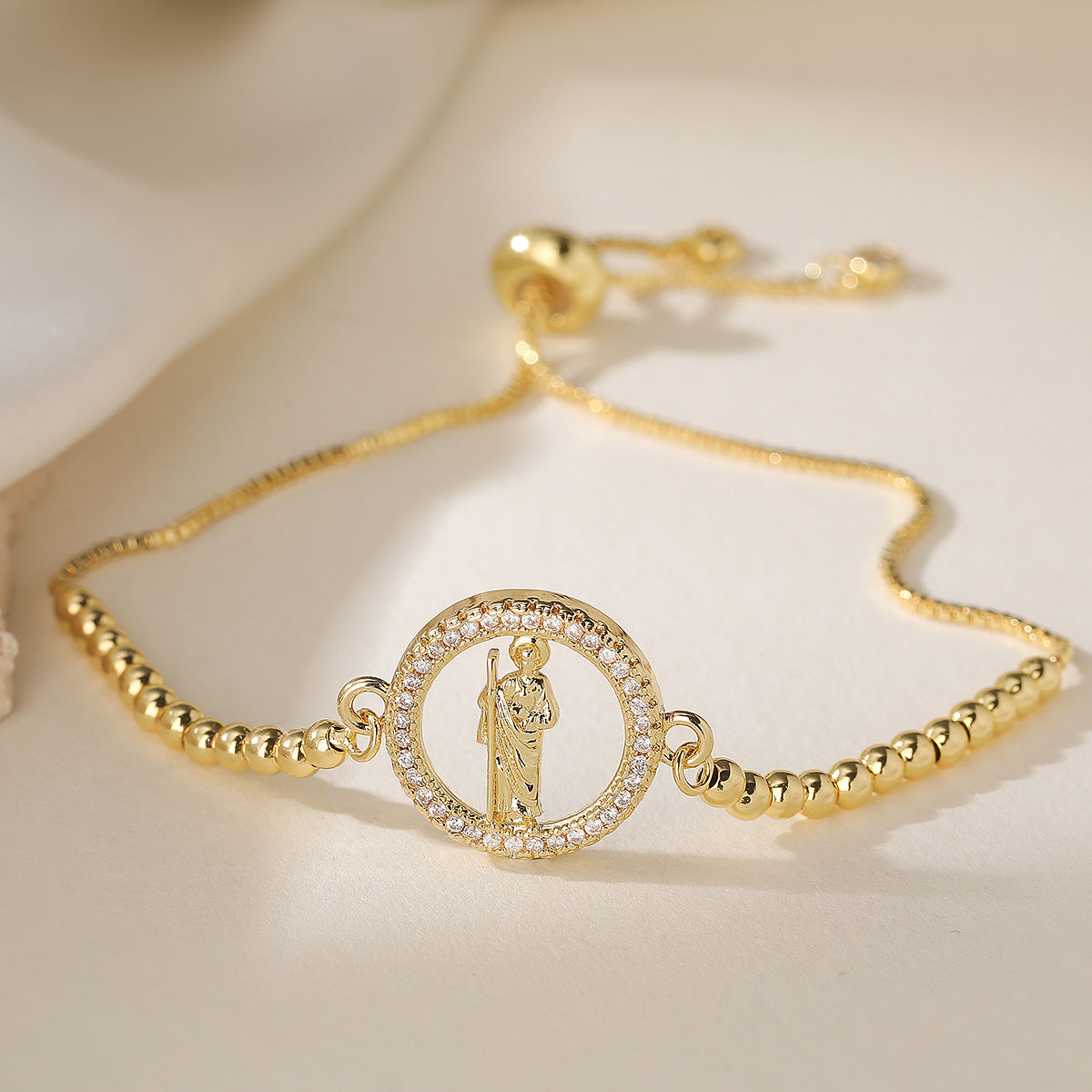 Vintage 18K Gold Plated Brass Geometric Bracelet with Cubic Zirconia Virgin Mary Charm for Women