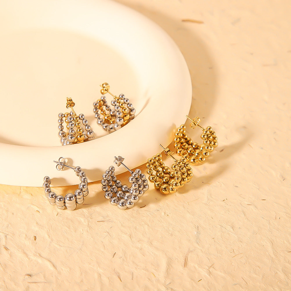 Minimalist Geometric Stainless Steel Earrings with 18K Gold Plating, Triple Beaded C-Shaped Hoops for Women