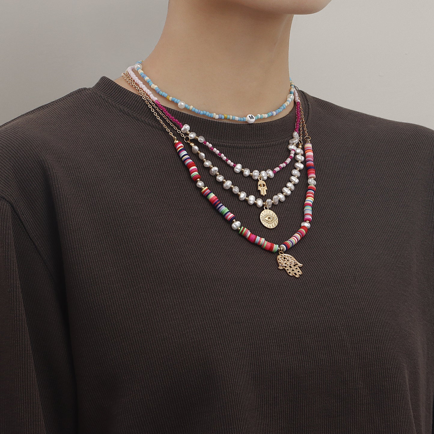 Bohemian Style Hand of Fatima Pendant Necklace for Women with Alloy Base Electroplated Finish and Colorful Polymer Clay Beads