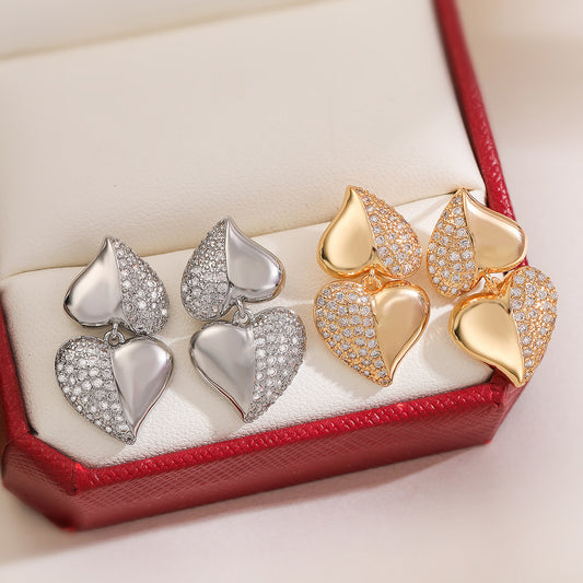 Minimalist Heart-Shaped Micro-Paved Zirconia Stud Earrings for Women in Brass with 18K Gold Plating