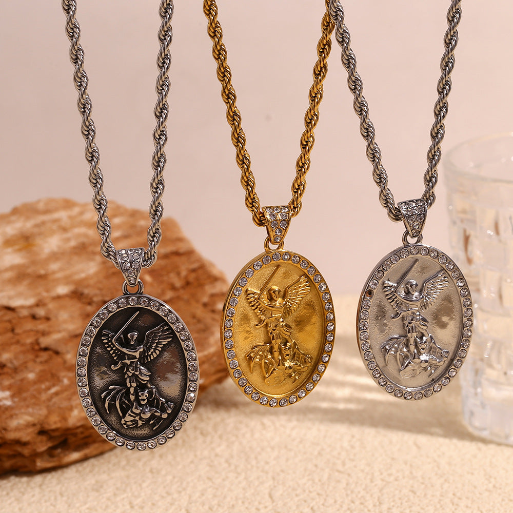 Geometric Angel Pendant Necklace for Men in Stainless Steel with 18K Gold Plating on Twisted Chain