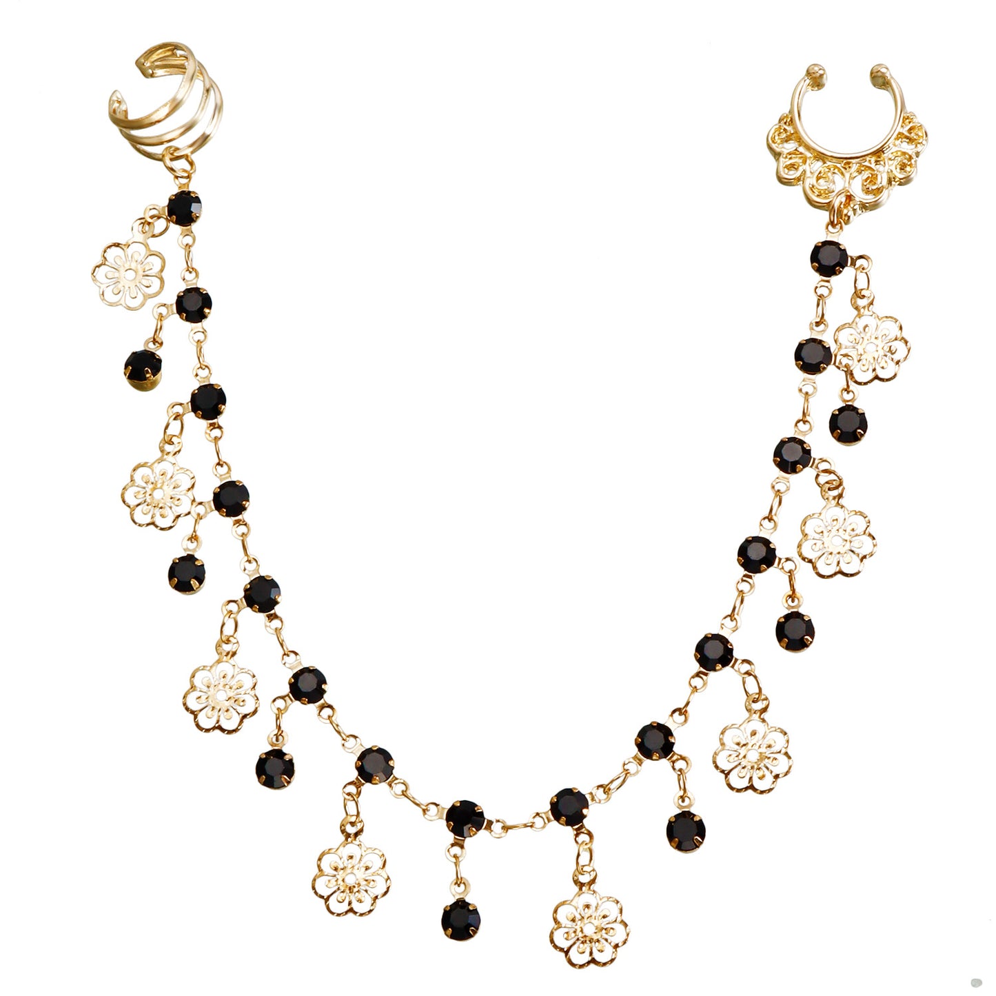 Ethnic Sweet Punk Geometric Metal Plated Nose Ring with Black Crystal Tassel