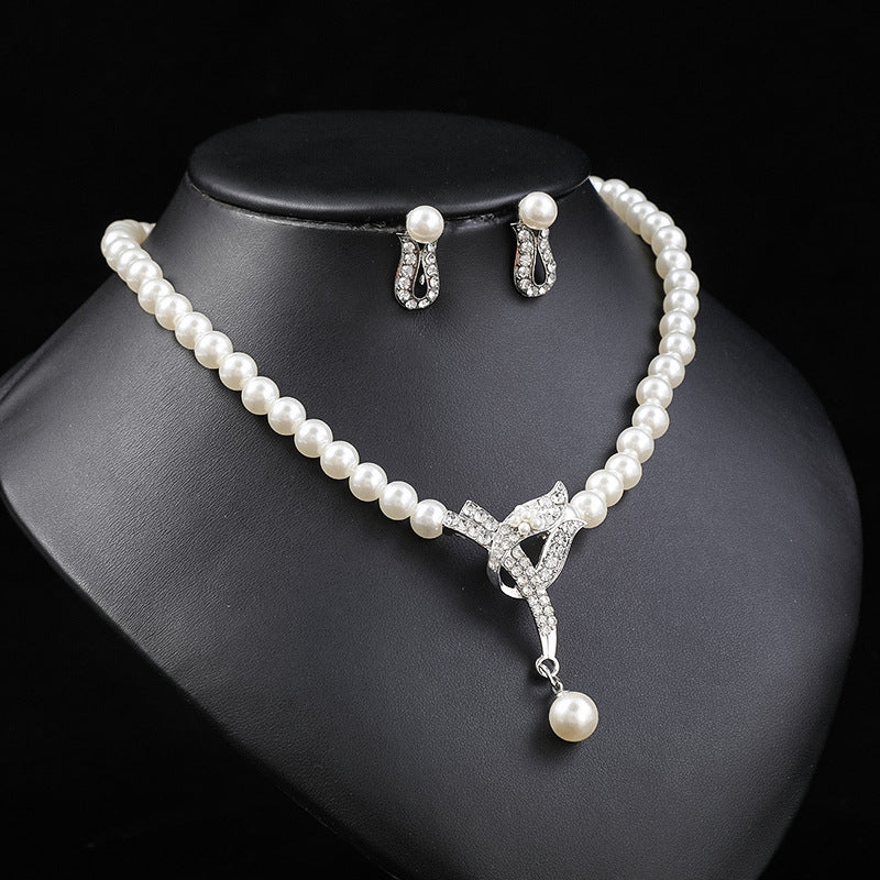 Fashion OL Style Floral Pearl Necklace and Earrings Set for Women Alloy Plated with Wheat and Leaf Motifs