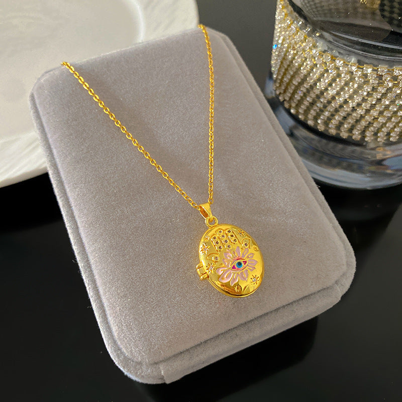 Vintage Drip Oil Floral Heart Oval Pendant Gold Plated Brass Necklace for Women