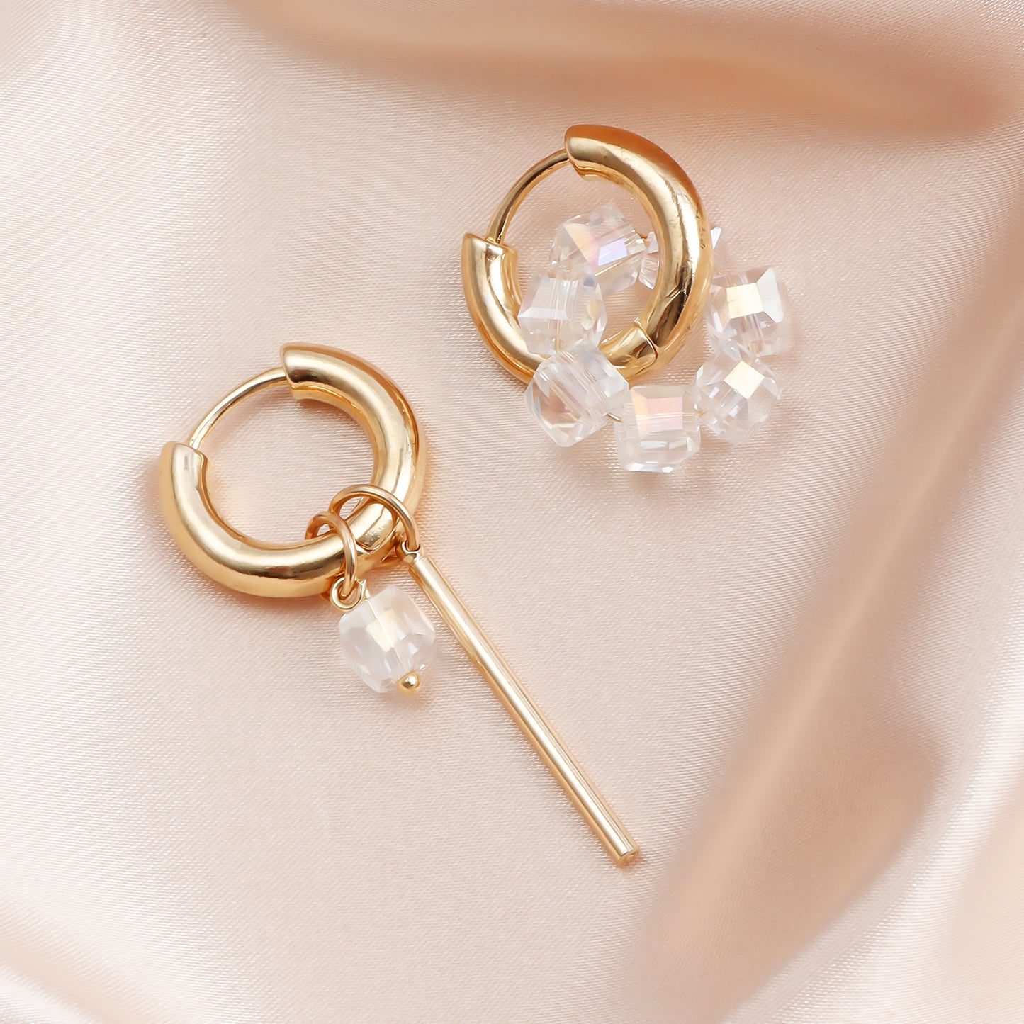 Geometric Asymmetrical Long Bar Crystal Beaded Hoop Earrings in Metal with Electroplating Finish