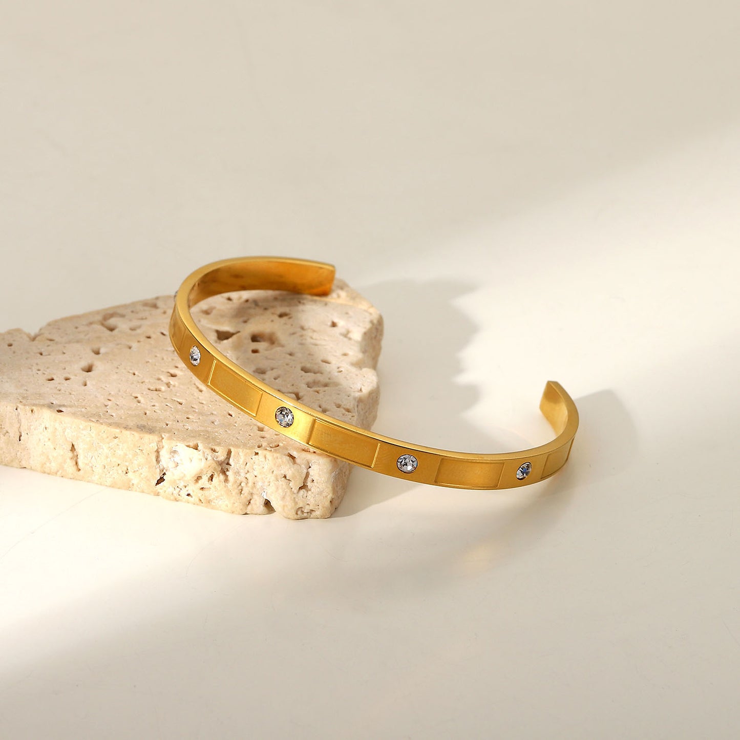 Minimalist Geometric Stainless Steel Bracelet with 18K Gold Plating and Round Zircon Accents for Women