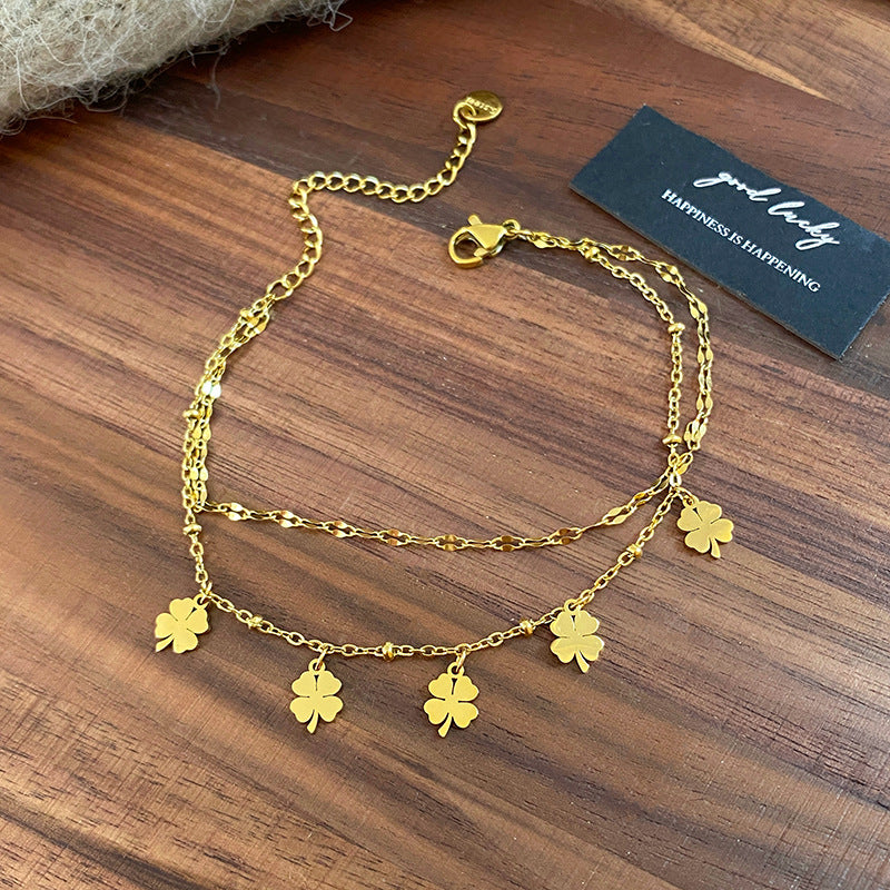 Gold Plated Titanium Steel Four-Leaf Clover Lip Chain Bracelet Set