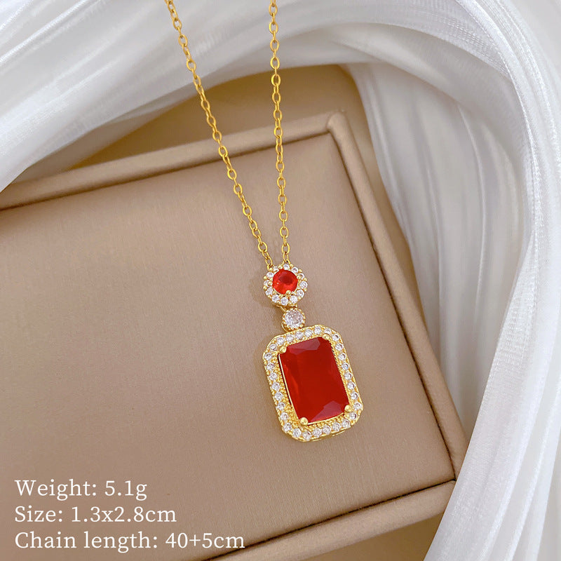 Sweet Elegant Geometric Micro-Inlaid Cubic Zirconia Plated Titanium Steel Necklace and Earring Set