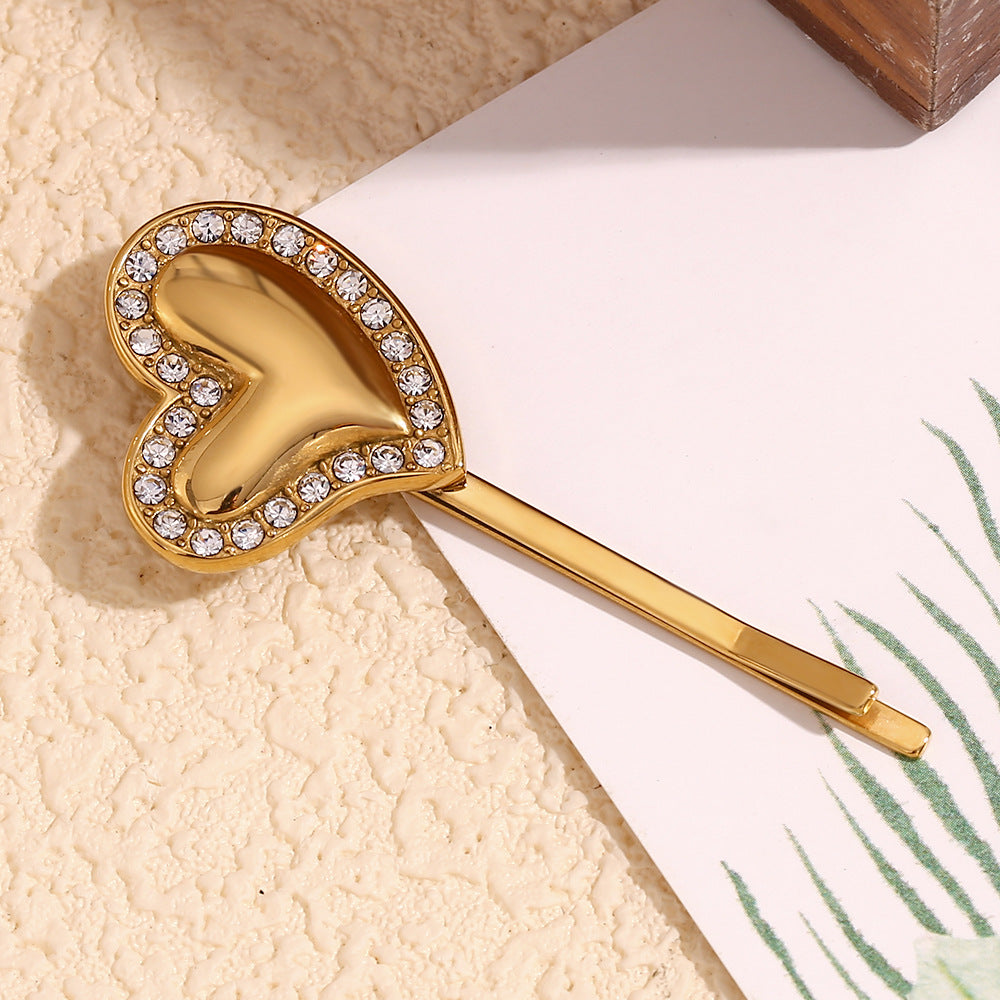 Minimalist Irregular Heart-Shaped Stainless Steel Hair Clip with 18K Gold Plating and Rhinestone Inlay for Women