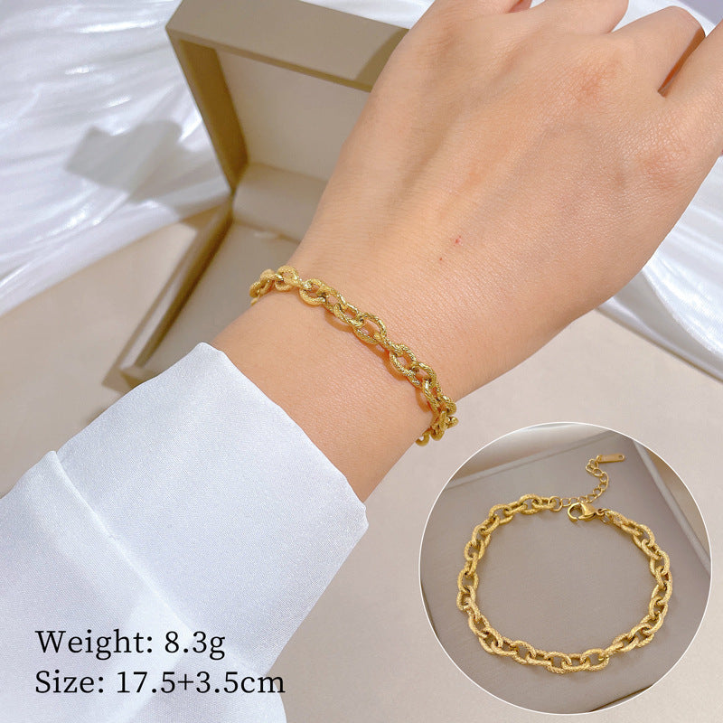 Vintage Women's Titanium Steel Rope Chain with Round Beads and Roman Numerals Gold Plated Wave Texture Four-Season Bean Hand Chain