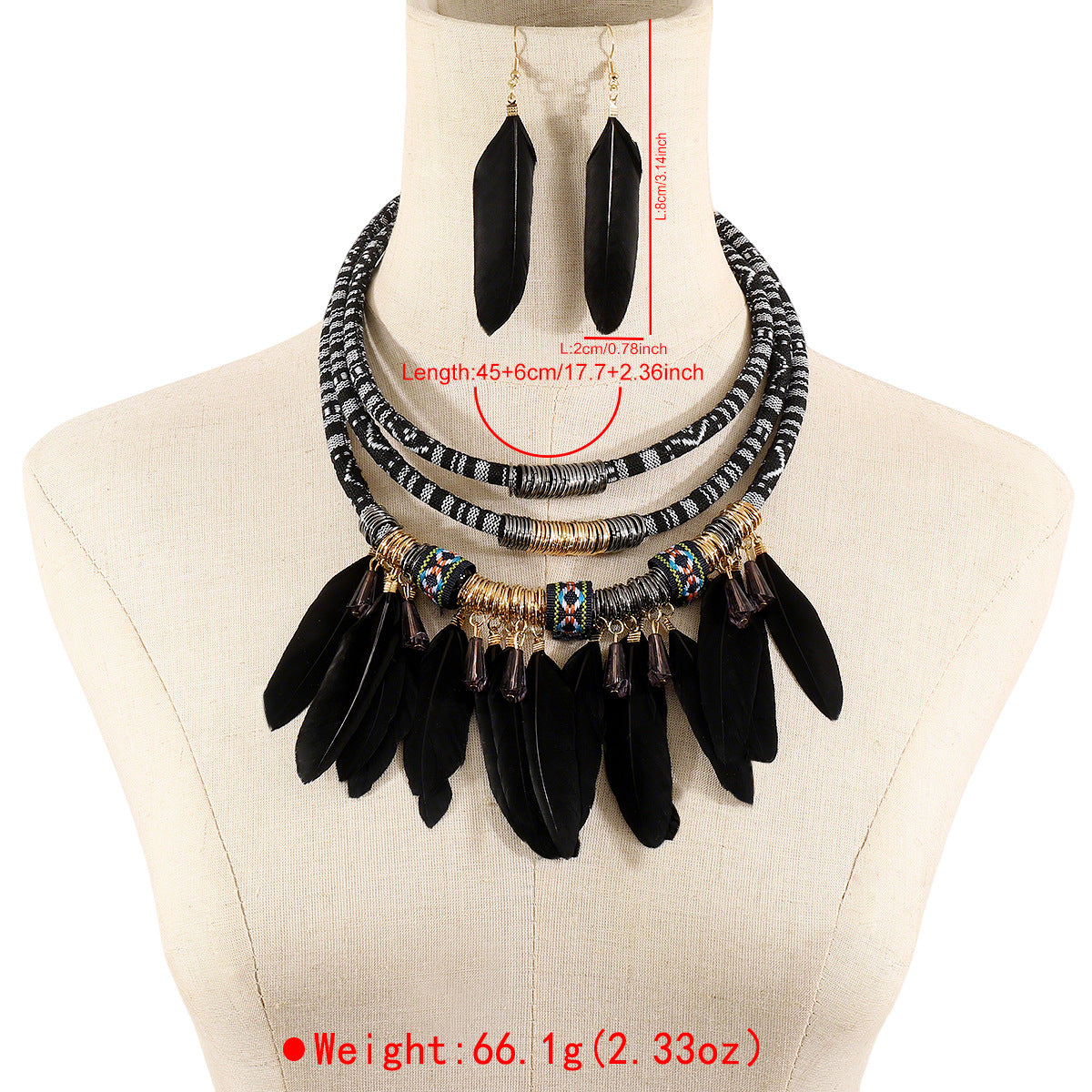 Conjunto de collar y pendientes de plumas bohemios hechos a mano para mujer con cadena de cordón de algodón y diseño artístico étnico