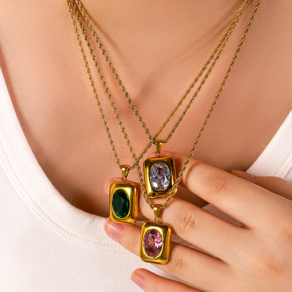 Geometric Pendant Necklace with Zircon Inlay in 18K Gold-Plated Stainless Steel on Twisted Chain for Women