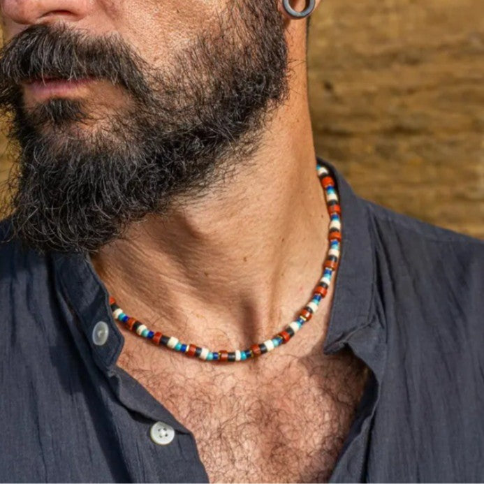 Handmade Geometric Wood and Turquoise Beaded Necklace with Cable Chain for Unisex Summer Beach Wear