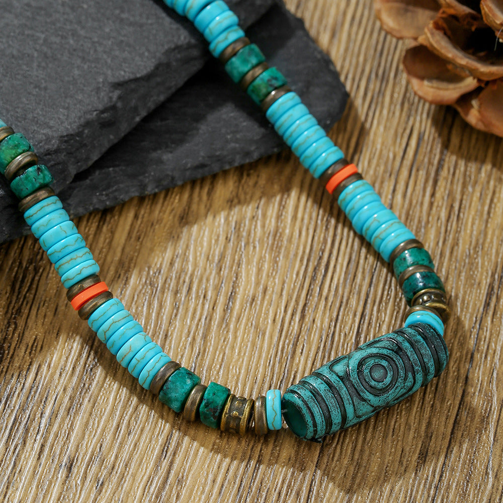 Vintage Bohemian Geometric Round Turquoise Plated Alloy Beaded Multi-layer Necklace for Unisex