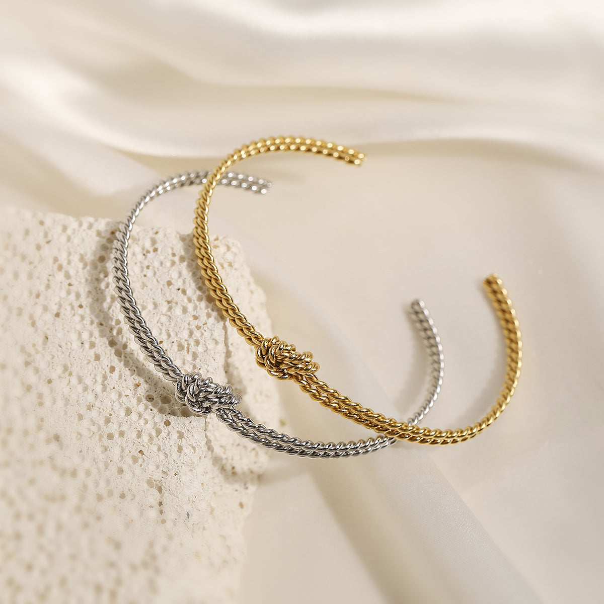 Vintage 18K Gold Plated Rope Knot Open Cuff Bracelet for Women