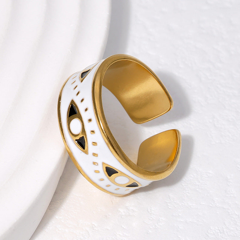 Minimalist Evil Eye Titanium Steel Ring with Enamel Detailing Adjustable Open Band for Unisex Wear