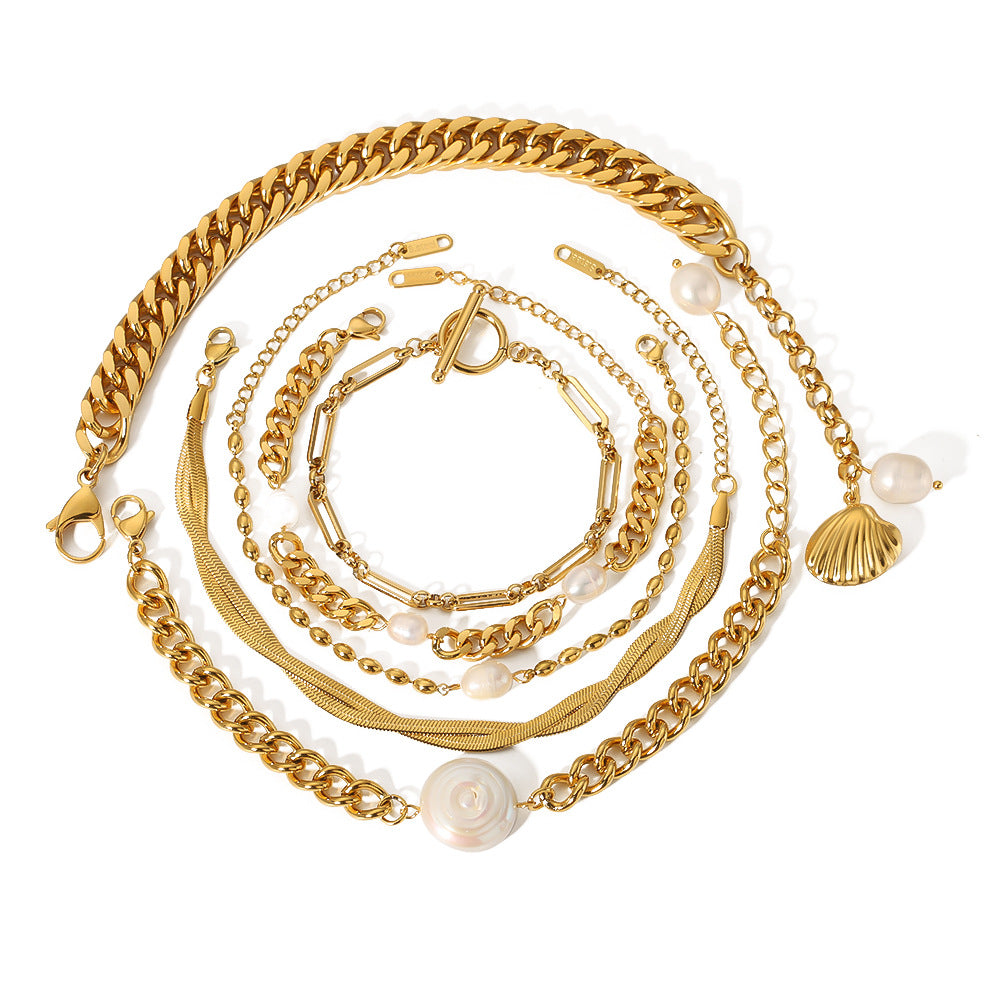 Geometric Style Gold Plated Stainless Steel Double Layer Cuban Bracelet with Pearl and Shell Accents Beach Inspired Unisex Bracelet