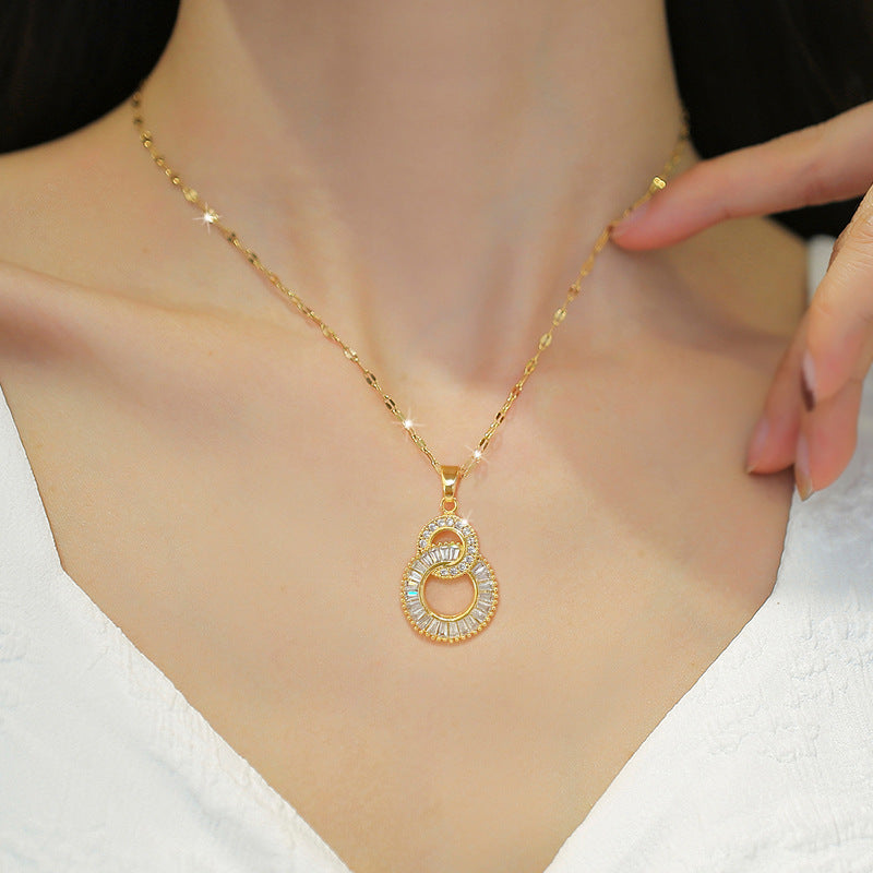 Luxury Titanium Steel Geometric Double Ring Figure-Eight Necklace for Women, Delicate Clavicle Chain with Plated Finish for Wedding and Banquet Events