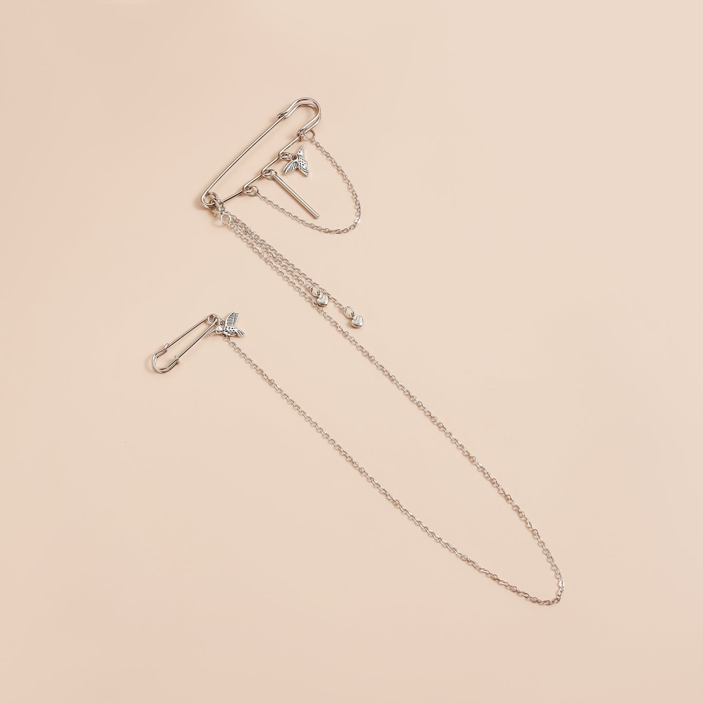Fashionable OL Style Geometric Alloy Brooch with Bird and Heart Motif, Tassel Accent, Plated Finish for Women