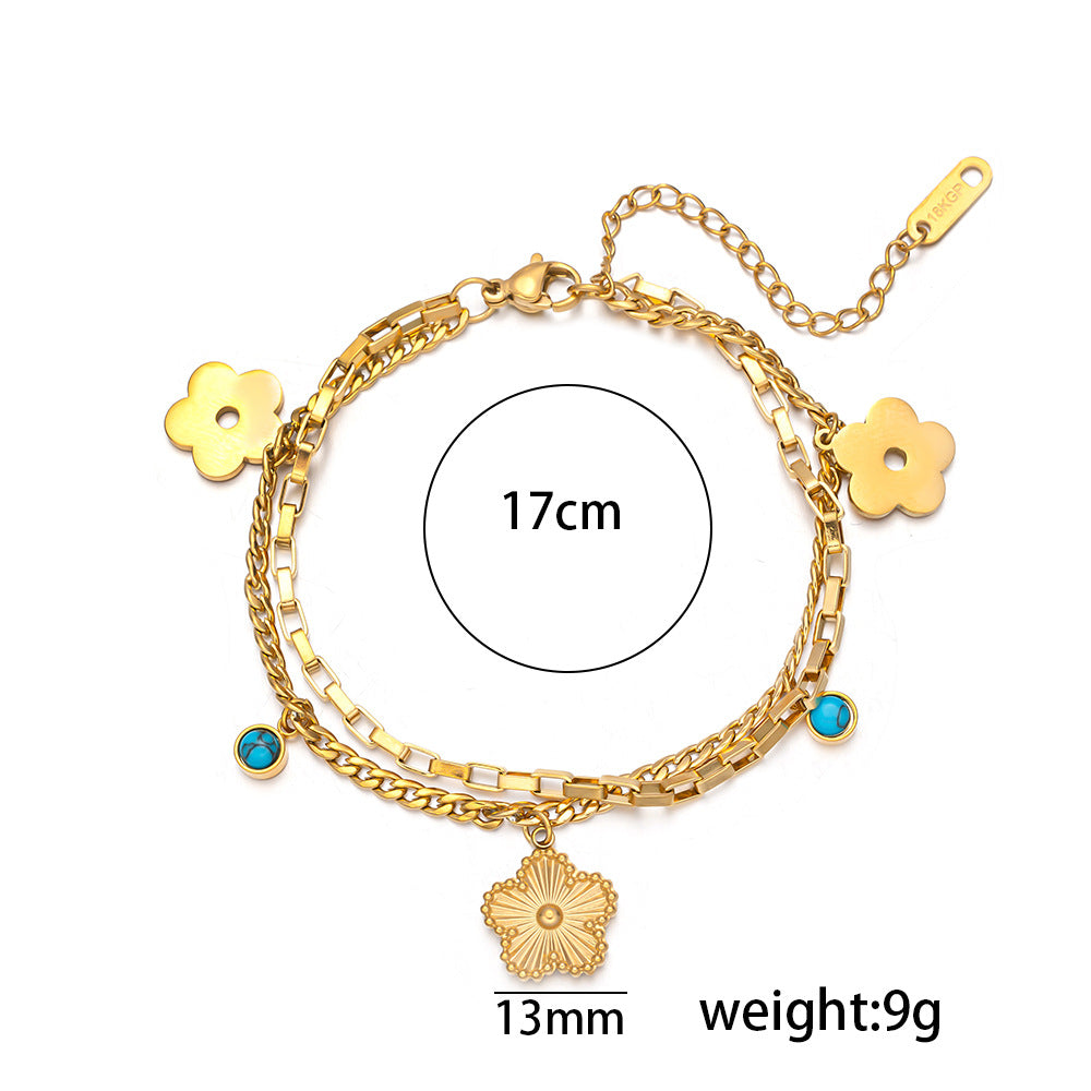 Bracciale da donna in acciaio al titanio con fiore a cinque petali geometrico minimalista, placcatura in oro 18 carati e finitura ipoallergenica